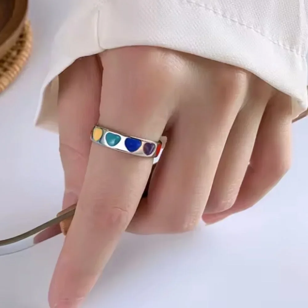 925 Sterling Silver Multicolor Heart Ring | Y2K Adjustable Enamel Band - Picture 4 of 6